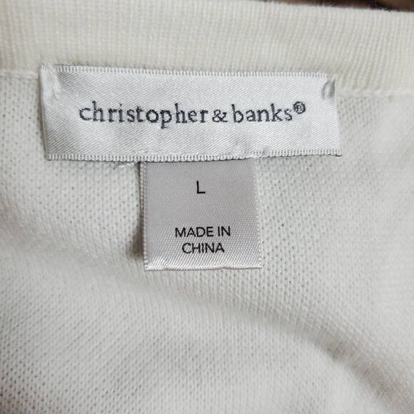 Christopher & Banks Cardigan L White Navy Button Front 100% Cotton Striped - Picture 4 of 6